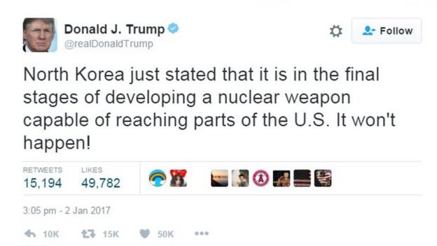 Tuit de Donald Trump (02 de enero, 2017)