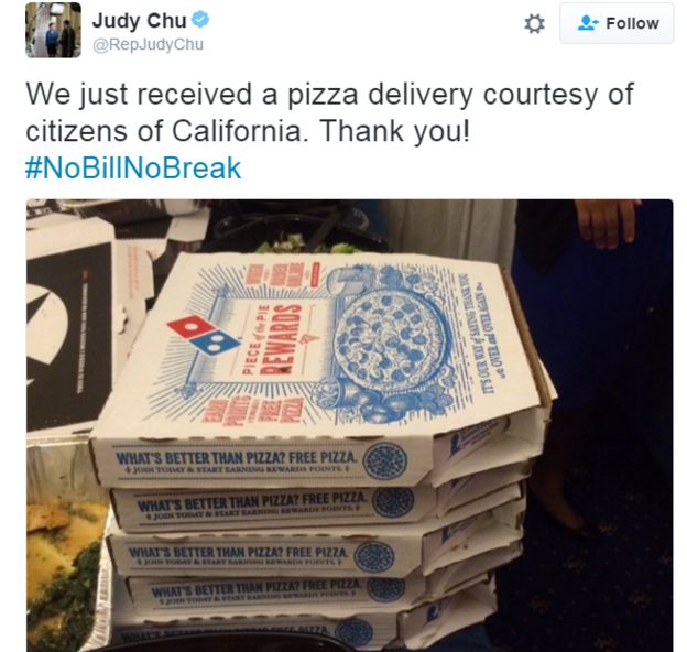 Tweet from @RepJudyChu with image of pizza boxes: 