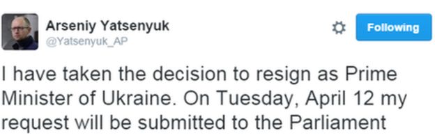 Resignation tweet by Arseniy Yatsenyuk