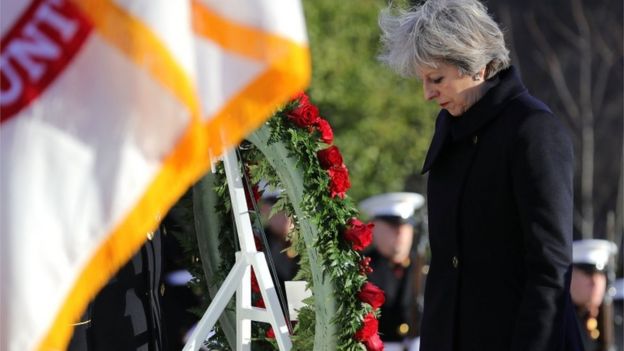 Theresa May lays a wreath at the tomb of the Unknown Soldier