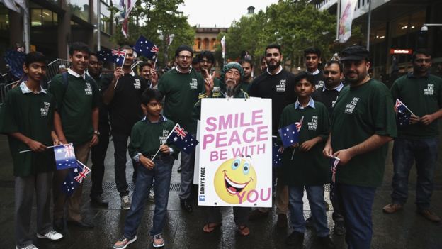 Members of the Muslims for Peace group joined former councillor turned self-styled peace activist Danny Lim (centre) at a memorial event in Sydney's Martin Place