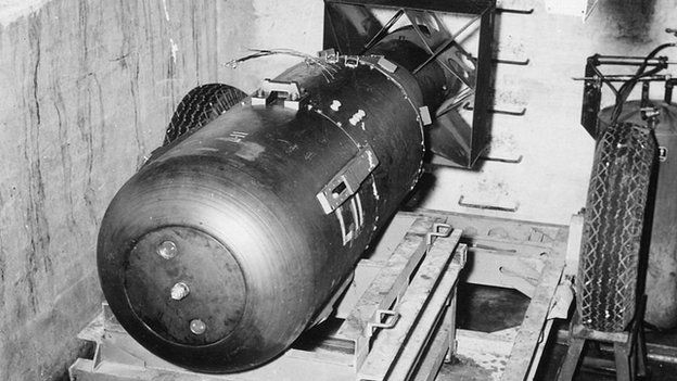 The Hiroshima bomb was nicknamed 'Little Boy'. Here it is before being loaded into the Enola Gay's bomb bay