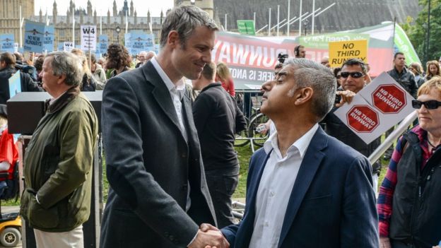 Sadiq Khan and Zac Goldsmith shake hands at anti-Heathrow expansion rally