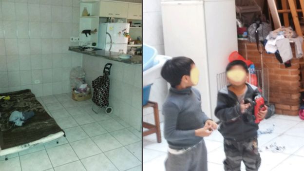 Cama improvisada e filhos de trabalhadores