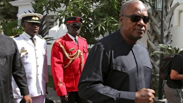 Ghana's John Mahama is seen on arrival for the international mediation on Gambia election conflict in Banjul, Gambia December 13, 2016