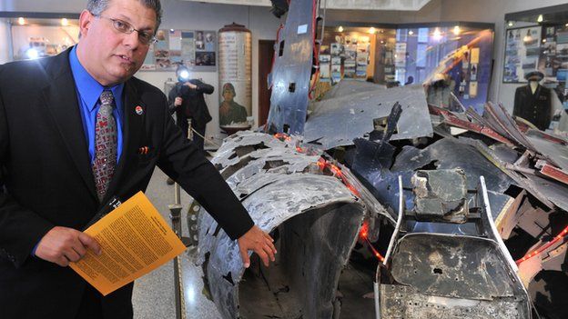 Gary Powers Jnr. with the wreckage of his father's U2 plane in Moscow