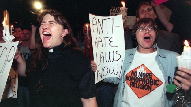 Protesters demand change after the murder of Matthew Shepard, a young gay man, in 1998