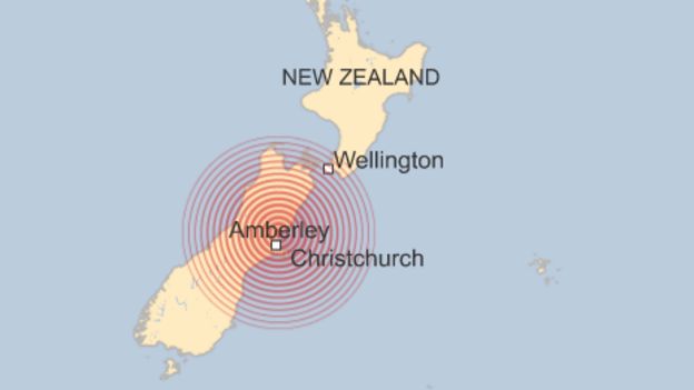 A map showing the epicentre of the earthquake in New Zealand