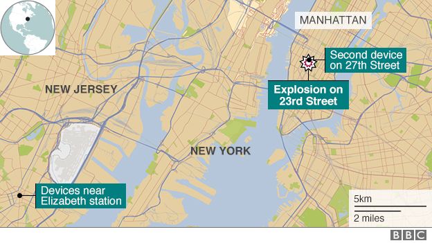 Map showing New York and New Jersey explosive devices