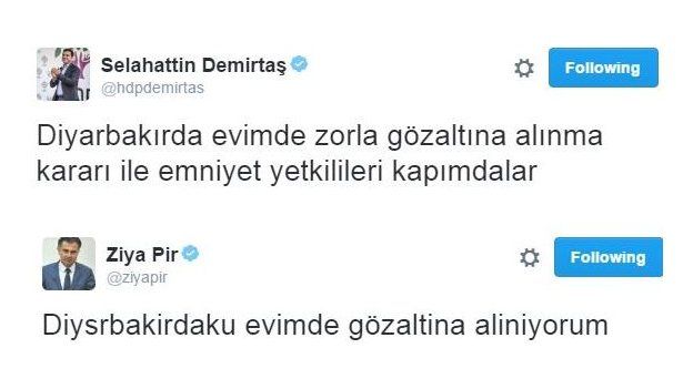 Selahattin Demirtaş ve Ziya Pir'in tweet'leri
