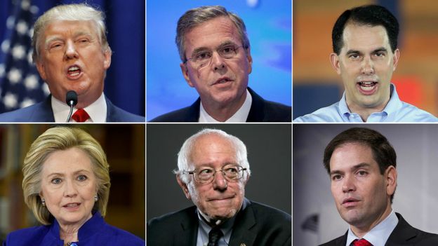 Clockwise from top left: Donald Trump, Jeb Bush, Scott Walker, Marco Rubio, Bernie Sanders, Hillary Clinton