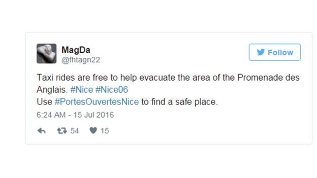Tweet saying that taxi rides were free to those in the area of the Promenade des Anglais