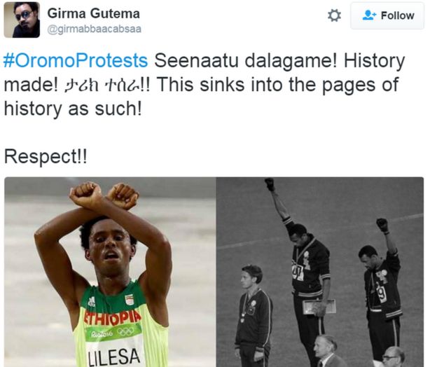 Tweet shows photo composite of Lilesa crossing arms in protest on the finish line with famous black power protest from 1986 Olympics. Caption reads: 
