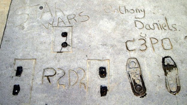 Footprints of R2-D2 and C-3PO outside Graumann's Chinese Theatre in Hollywood