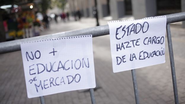Carteles durante protestas pidiendo más inversión en educación. El mensaje reza: 