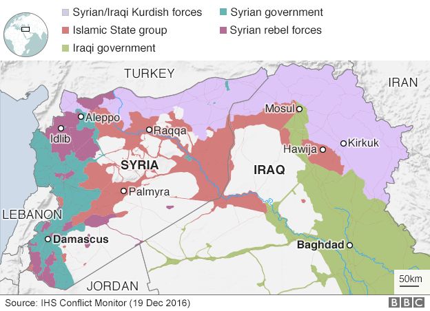 Map showing control of Syria and Iraq (19 December 2016)