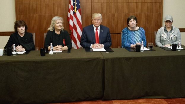 Donald Trump, centre, sits with, from right, Paula Jones, Kathy Shelton, Juanita Broaddrick, and Kathleen Willey