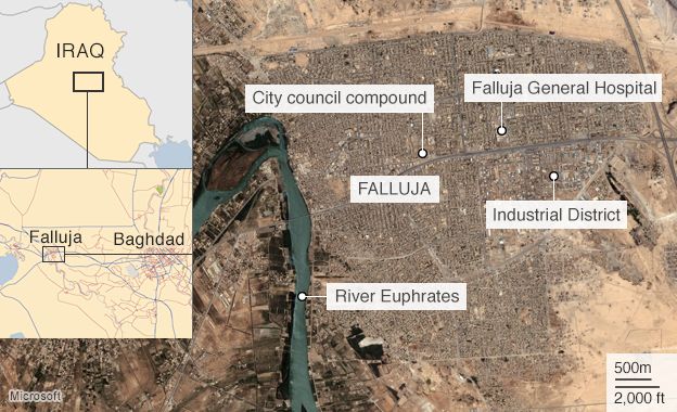Map of Falluja showing location of city council compound and hospital
