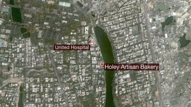 Map of Dhaka showing location of Holey Artisan Bakery
