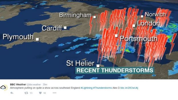 BBC Weather map showing thunderstorms
