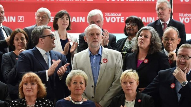 Shadow Health Secretary Heidi Alexander stands beside Jeremy Corbyn (centre) during a referendum campaign photocall earlier this month