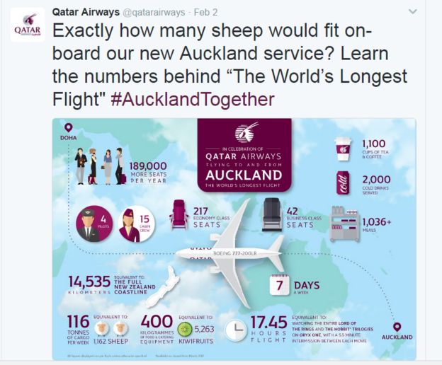 Statistics from Qatar's flight between Doha and Auckland