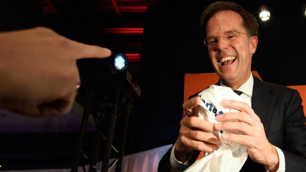 Dutch Prime Minister Mark Rutte is given a T-shirt following his victory in the Dutch general election on March 15, 2017 in The Hague, Netherlands
