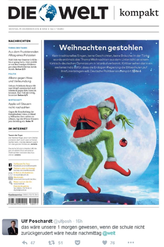 Front page, Die Welt Kompakt, 19 December 2016