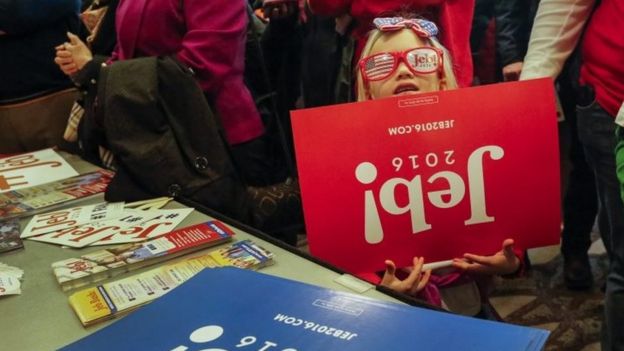 A girl at a campaign rally of 2016 Republican presidential candidate Jeb Bush