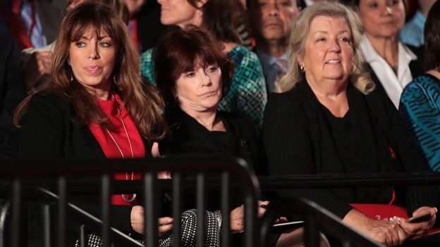 In this picture, Paula Jones, Kathleen Willey and Juanita Broaddrick watch the presidential debate at Washington University on October 9, 2016 in St Louis, Missouri. The three all accuse Bill Clinton of sexually assaulting them.
