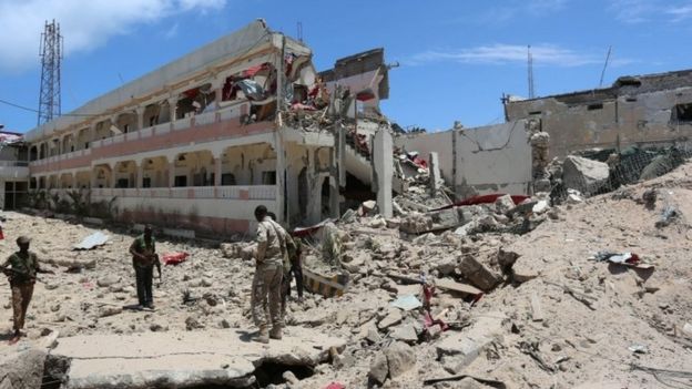 Security forces stand at the SYL hotel that was partly destroyed following a bomb - Tuesday 30 August 2016