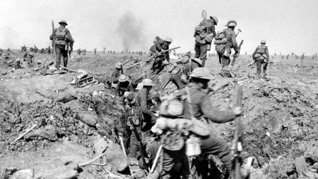 WW1 Allied troops leave a trench before the Battle of Morval, which took place as part of the Battle of the Somme in 1916