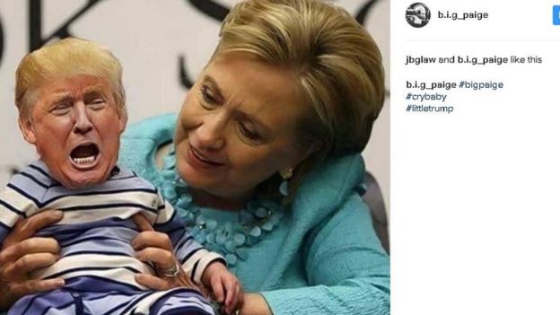 Trump's head pasted on that of a baby in Hillary Clinton's arms