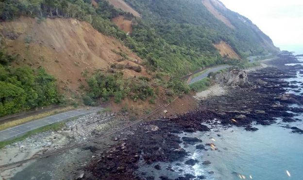A handout photo taken and received on 14 November 2016, show earthquake damage to State Highway One near Ohau Point on the South Island