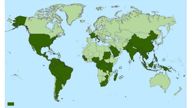 Regiões atuais ou anteriores de transmissão local do vírus chikungunya