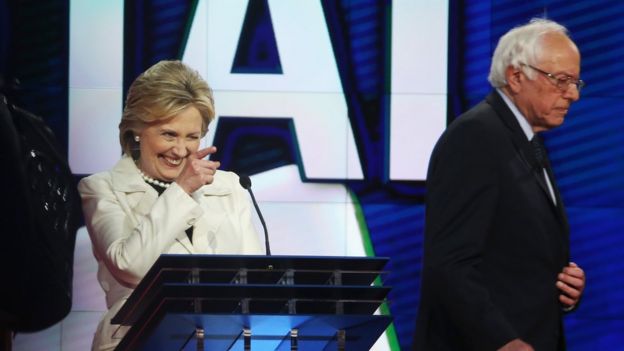 Hillary Clinton and Bernie Sanders at CNN debate