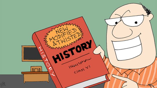 Cartoon of teacher holding book titled 'New Modified and Twisted history'