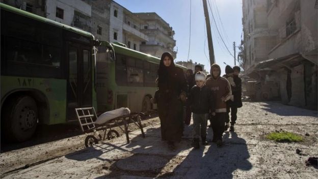 Syrians gather in Aleppo ready for evacuation, 15 December 2016