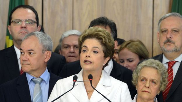 Dilma Rousseff em pronunciamento no dia 12 de maio, quando foi afastada