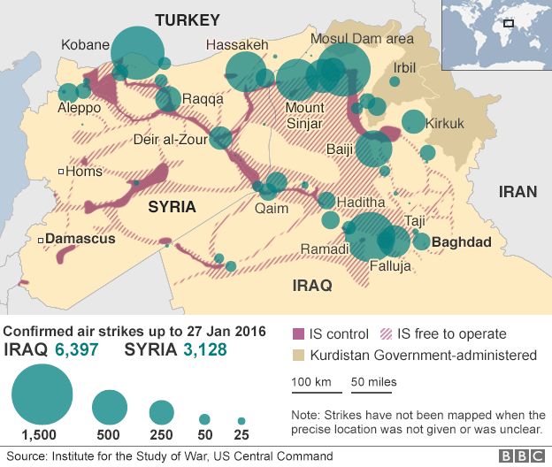 Map of air strikes in Iraq and Syria since August 2014