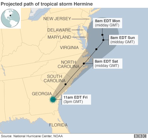 Map showing expected path of Hurricane Hermine - 2 September 2016