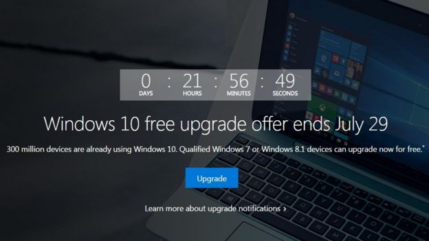 La pantalla de cuenta regresiva de Microsoft para la actualización de Windows 10