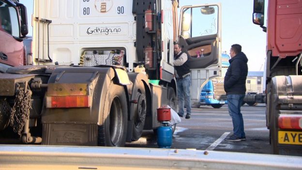 Drivers at a truck stop in Immingham, Lincolnshire