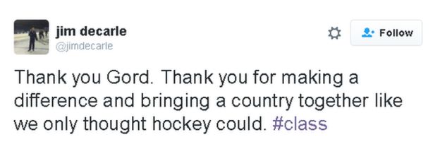 Tweet reads: Thank you Gord. Thank you for making a difference and bringing a country together like we only thought hockey could. #class