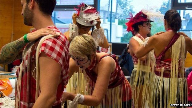 London Samba School members prepare for the adult's Grand Finale parade