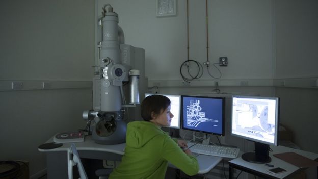 Mujer analiza los datos en un computador en una institución científica.