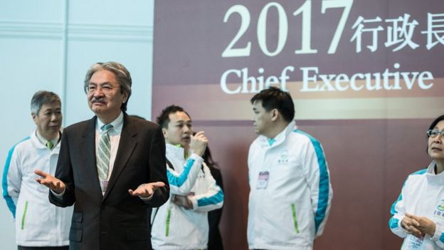 Hong Kong chief executive candidate John Tsang gestures during the Hong Kong chief executive election in Hong Kong on March 26, 2017.