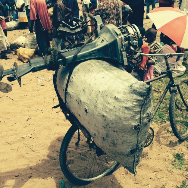 Boat engine on the back of a bicycle