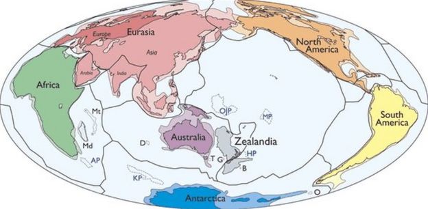 Bản đồ thế giới với Zealandia kế cận châu Úc