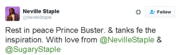 Tweet lee: Descansa en paz Prince Buster. y tanques de fe la inspiración. Con amor de @NevilleStaple y @SugaryStaple